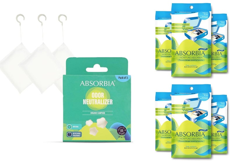 Absorbia Absorbia Moisture Absorber Sachet100g each Season Pack of 6 Absobs upto 200ml Each Absorbia Camphor Unique Diamond 20g Pack of 3often used for its aromatic and insectrepelling properties  - Image 1