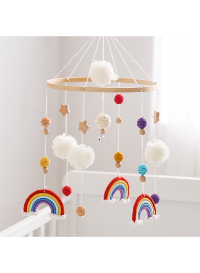 Nordic Style Baby Room Layout Crib Bed Bell Rainbow Hair Ball Ins Style Baby Wooden Circle Bed Bell Bed Hanging-Colour:Rainbow Star Bed Bell Orange  - Image 3