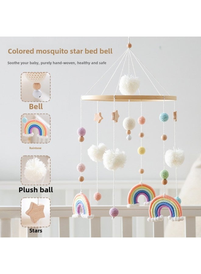 Nordic Style Baby Room Layout Crib Bed Bell Rainbow Hair Ball Ins Style Baby Wooden Circle Bed Bell Bed Hanging-Colour:Rainbow Star Bed Bell Orange  - Image 2