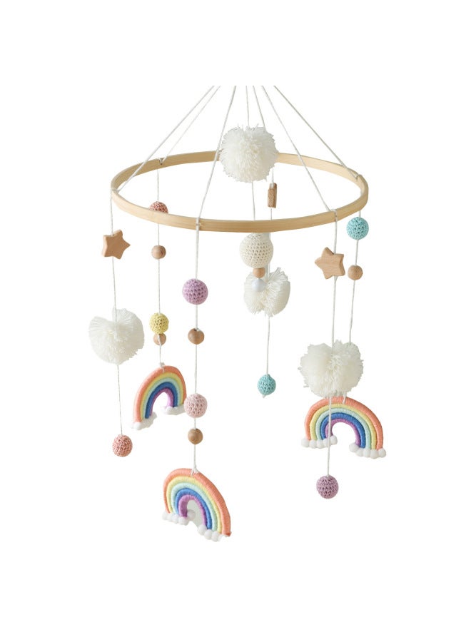 Nordic Style Baby Room Layout Crib Bed Bell Rainbow Hair Ball Ins Style Baby Wooden Circle Bed Bell Bed Hanging-Colour:Rainbow Star Bed Bell Orange  - Image 1