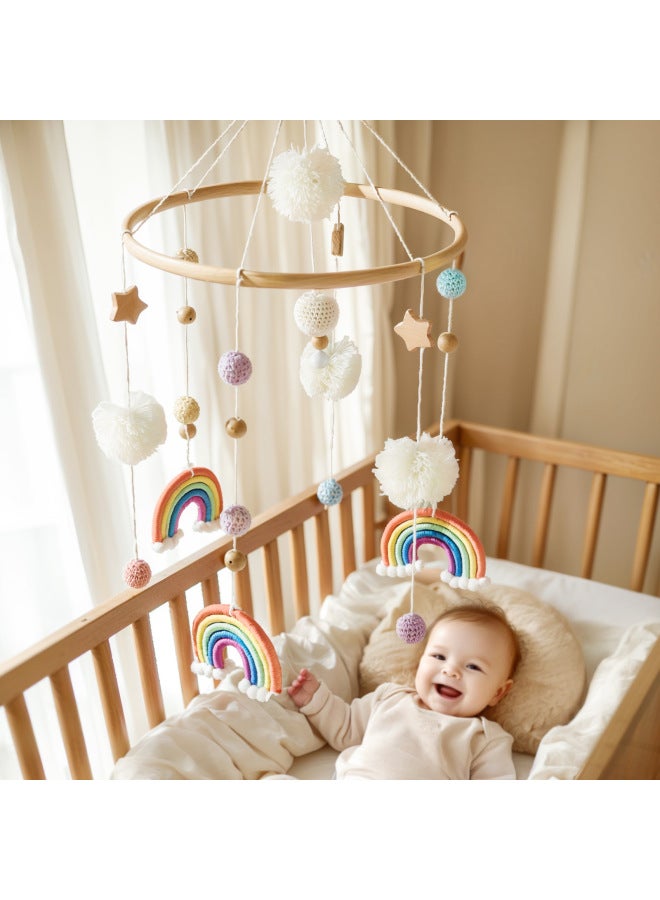 Nordic Style Baby Room Layout Crib Bed Bell Rainbow Hair Ball Ins Style Baby Wooden Circle Bed Bell Bed Hanging-Colour:Rainbow Star Bed Bell Orange  - Image 5
