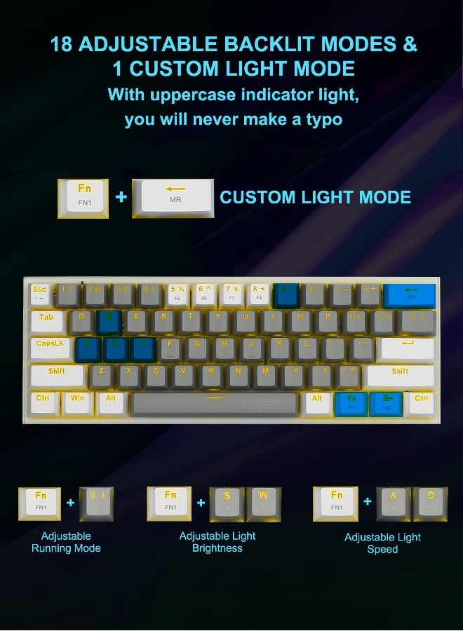 60% Wired Mechanical Gaming Keyboard with Red Switches, LED Backlit, Ultra-Compact Computer Keyboard for PS4/5, Windows, Mac OS (Grey White) - Image 4