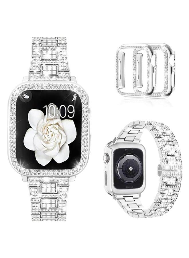 Mosonio Compatible with Apple Watch Band 38mm with Case Women, Bling Metal Wristband Strap with 2 Pack Bling PC Protective Cover for iWatch Series 3/2/1(38mm, Silver) - Image 1