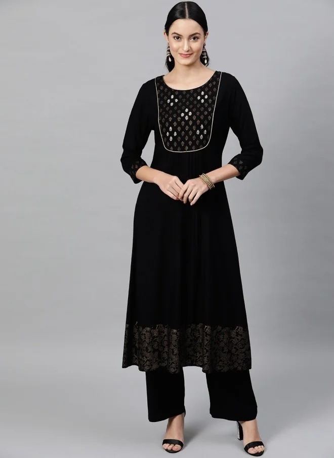 اندو ستريت Ethnic Motif Yoke Design Black Kurta With Palazzos For Women