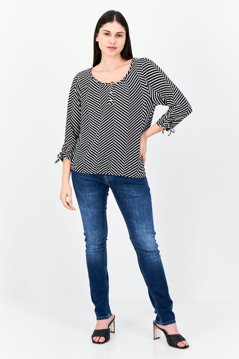 ADRIENNE VITTADINI Women Round Neck Herringbone Long Sleeve Blouse, Multicolor - Image 4