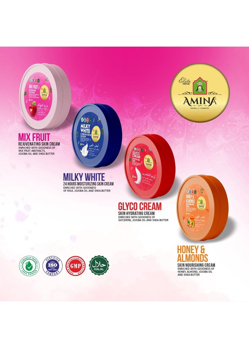 Amina Combo Of Milky, Glyco, Honey & Almond, Mix Fruit Moisturizing Cream with a lightweight, nourishing formula, Beauty cream, for soft smooth skin, 17 ml (Pack of 8) - Image 4
