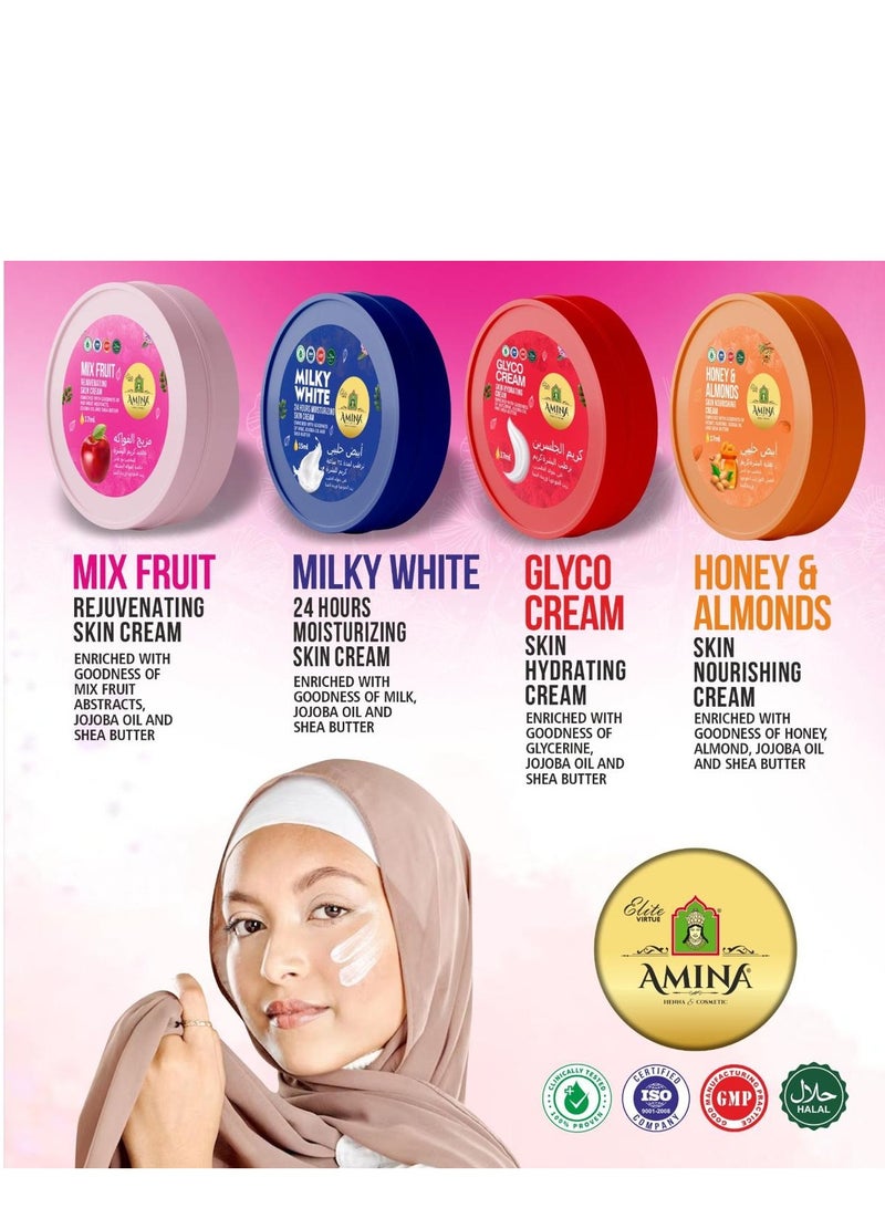 Amina Combo Of Milky, Glyco, Honey & Almond, Mix Fruit Moisturizing Cream with a lightweight, nourishing formula, Beauty cream, for soft smooth skin, 17 ml (Pack of 8) - Image 2