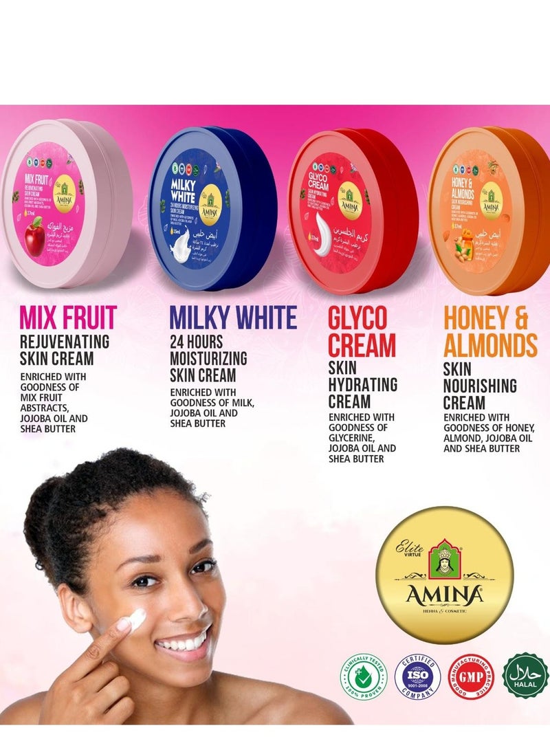 Amina Combo Of Milky, Glyco, Honey & Almond, Mix Fruit Moisturizing Cream with a lightweight, nourishing formula, Beauty cream, for soft smooth skin, 17 ml (Pack of 8) - Image 3