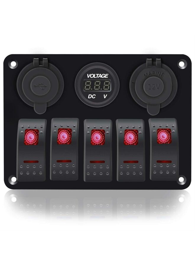 Generic Marine Boat Rocker Switch, Aluminum Panel 3.1A Volt Dual USB Socket LED Light Voltmeter Cigarette Lighter Socket 5 Bang Rocker Switch Panel for Car RV SUV Boat  - Image 1
