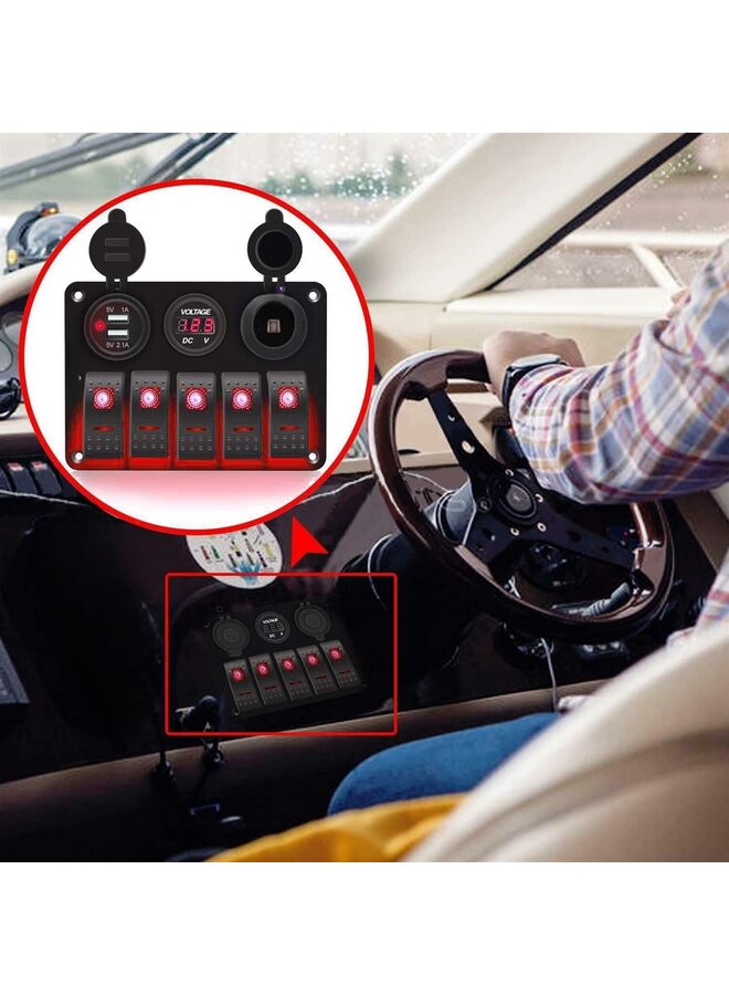 Generic Marine Boat Rocker Switch, Aluminum Panel 3.1A Volt Dual USB Socket LED Light Voltmeter Cigarette Lighter Socket 5 Bang Rocker Switch Panel for Car RV SUV Boat  - Image 5