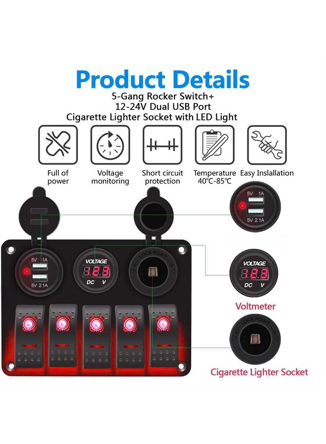 Generic Marine Boat Rocker Switch, Aluminum Panel 3.1A Volt Dual USB Socket LED Light Voltmeter Cigarette Lighter Socket 5 Bang Rocker Switch Panel for Car RV SUV Boat  - Image 2