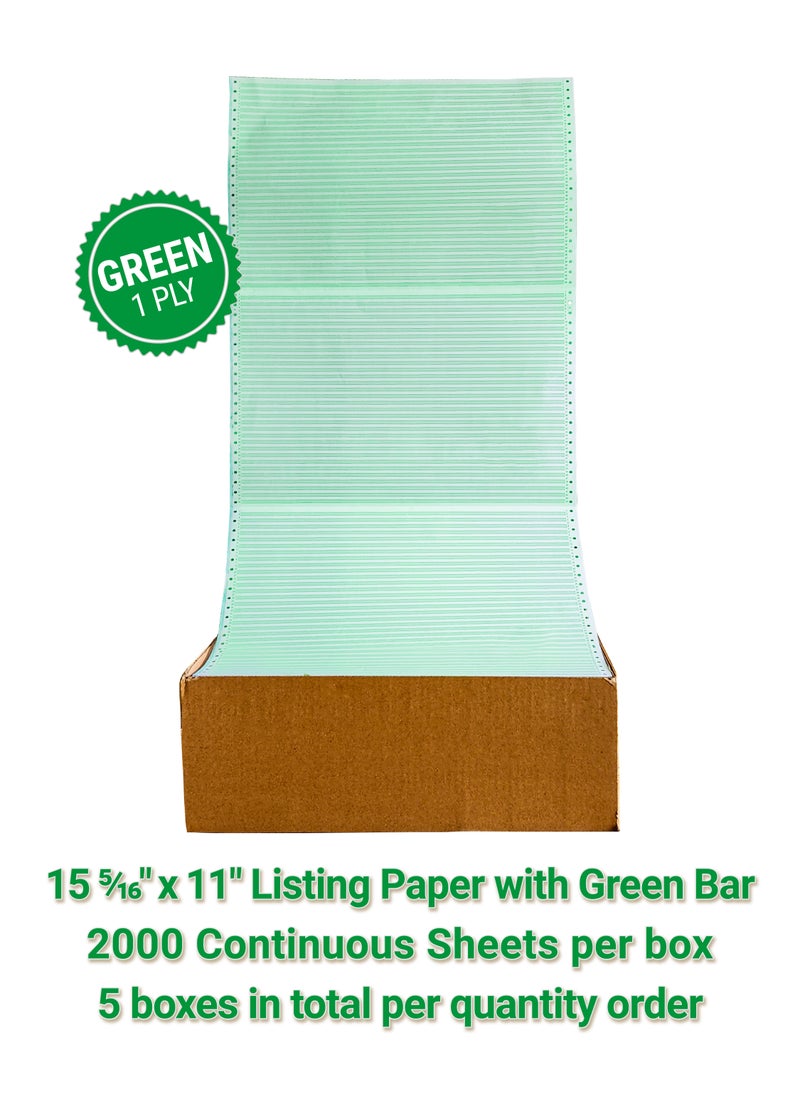 Abulhoul Printing Press LLC ABULHOUL Continuous Listing Computer Paper With Green Bar 15 5/16” x 11” GREEN Ply Single 2000 Sheets Per Box 60gsm (±5% In Actual Weight) Used For Wide Dot-Matrix Impact Printers With Ink Ribbons  - Image 1