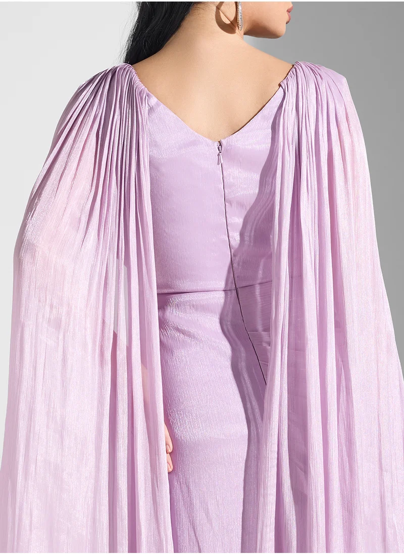 نمشي x Draped Dress With Exaggerated Sleeve Trail