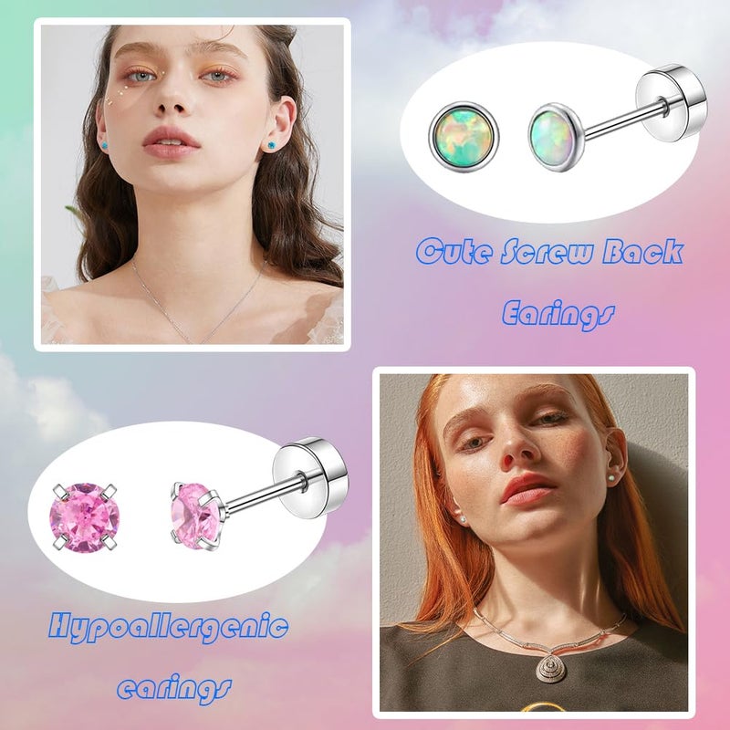 MOZAKA 23 Pairs Hypoallergenic Titanium Earrings for Women Cute Heart CZ Flower Pearl Ball Tiny Flat Back Earrings G23 Titanium Earrings for Sensitive Ear - Image 3