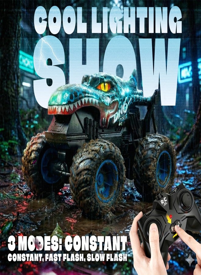 بيزغار ألعاب شاحنات الوحش من بيزجار - شاحنة وحش تعمل بجهاز تحكم عن بعد مع أضواء وموسيقى، ألعاب ديناصورات للأطفال، شاحنة تحكم عن بعد بمقياس 1:20 مع دوران 360 درجة وانجراف، سيارة تحكم عن بعد للأولاد من 4 إلى 7 سنوات، لون أزرق - Image 3