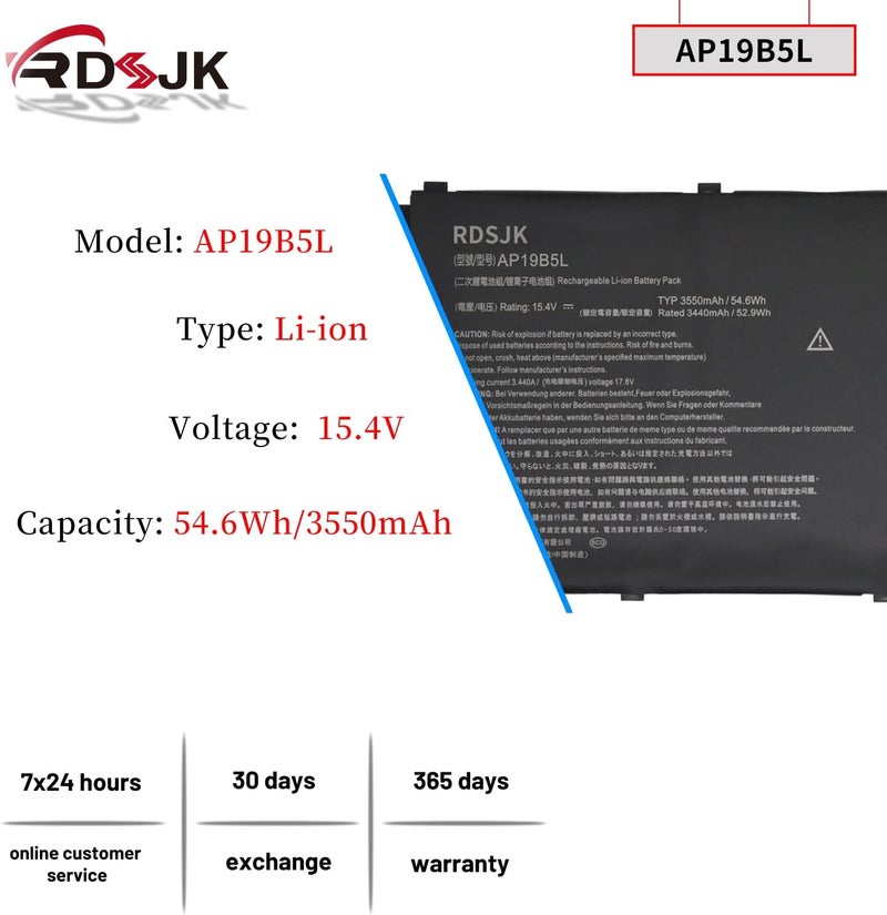 AP19B5L Laptop Battery for Acer Aspire 5 A515-43 A515-43G A515-52 A515-52G A515-55 A515-55-56VK Swift 3 SP314-21N-R5FR SF314-42 SF314-512 Aspire Vero AV15-51 TravelMate P2 TMP214-41 TMP215-41 54.6Wh - Image 2