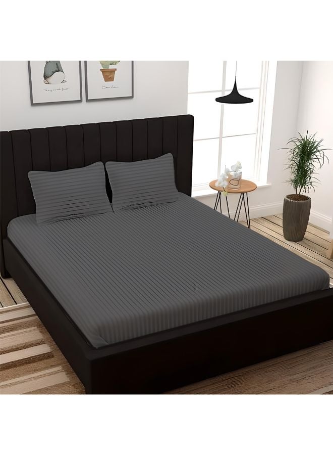 BYFT Tulip (Charcoal) King Size Flat Sheet and Pillow Covers with 1 cm Satin Stripe (Set of 3 Pcs) 100% Cotton, Soft and Luxurious Hotel Quality Bed linen-300 TC - Image 1