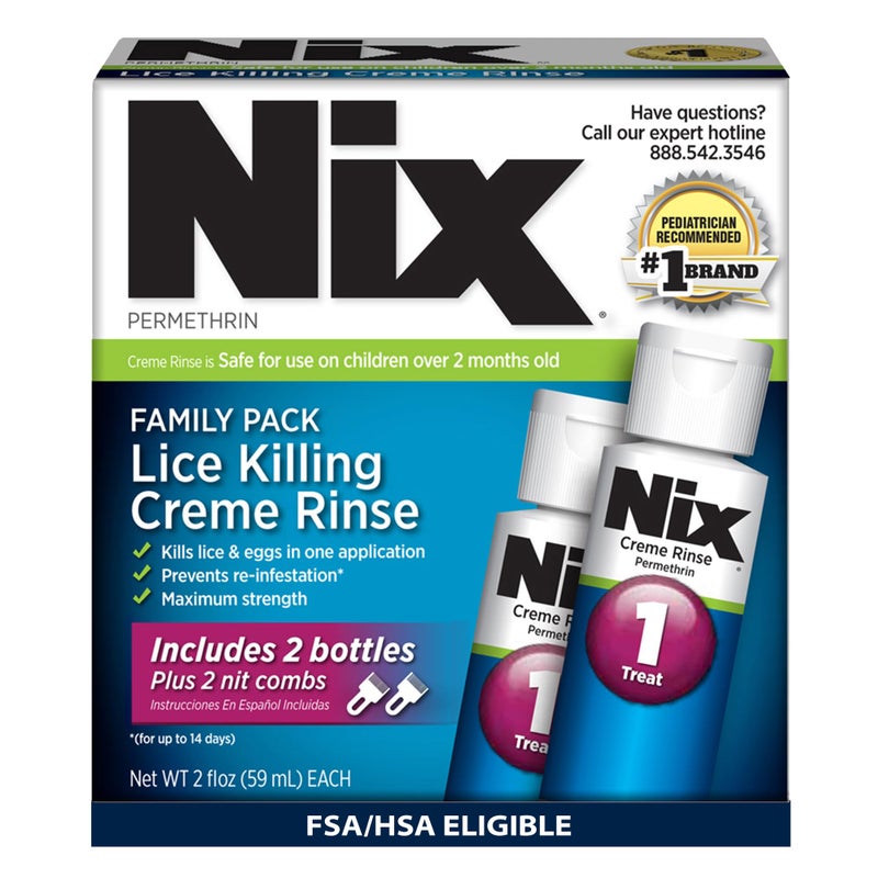 Nix Lice Treatment Family Pack, Kills Lice & Eggs, 2 Bottles Permethrin Crème Rinse (2 Fl Oz Each) & 2 Lice Combs - Image 1