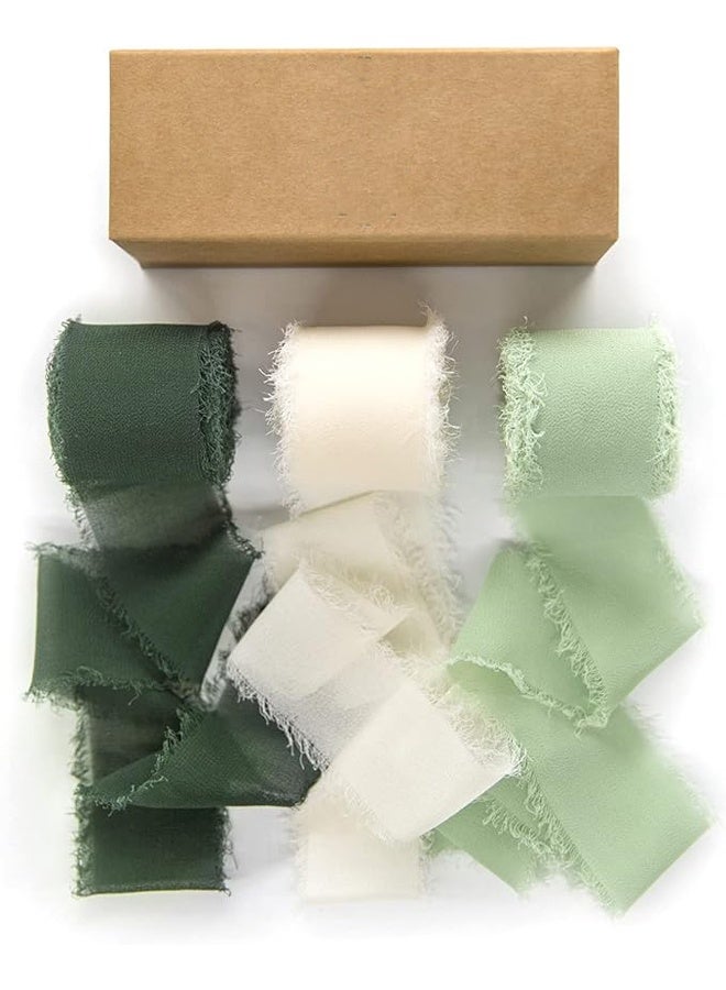 زيمي 3 لفات من شريط الحرير الشيفون المصنوع يدويًا مقاس 1 1/2 بوصة × 7 ياردة مجموعة شرائط كريمية وأخضر لدعوات الزفاف وباقات الزفاف وتغليف الهدايا مشغولات يدوية الصنع (4 سم * 5 م) - Image 1