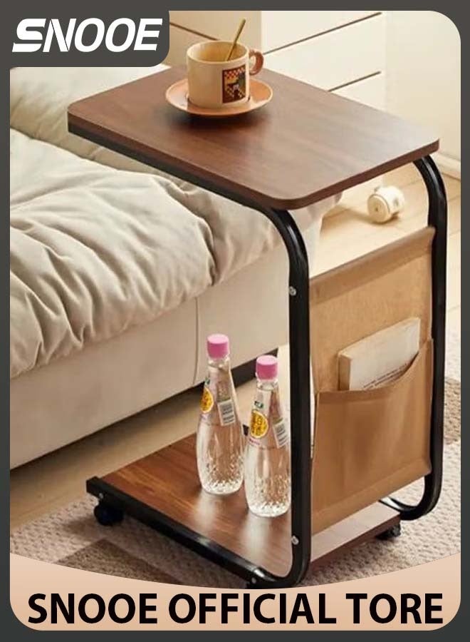 Snooe Modern Style C Shaped Narrow Laptop End Table with Wheels Snack and Side Pocket for Living Room Bedroom Sofa Bed - Image 1