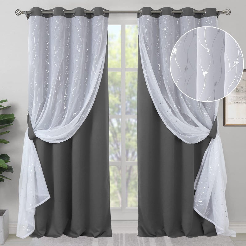 BGment Dark Grey Blackout Curtains with Sheer Overlay 84 Inches LongDouble Layer Kids Curtains Grommet Thermal Insulated Sound Proof Silver Printed Drapes for Bedroom 2 Window Panel 52 x 84 Inch