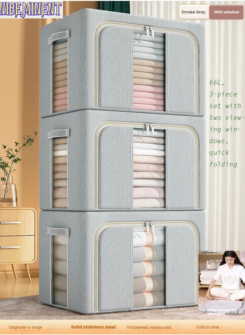 NIBEMINENT 3-Piece 66L Waterproof Oxford Storage Box with Steel Frame & 2 Windows - Foldable Closet Organizer for Travel/Home, Dustproof (50x40x33cm)  - Image 1