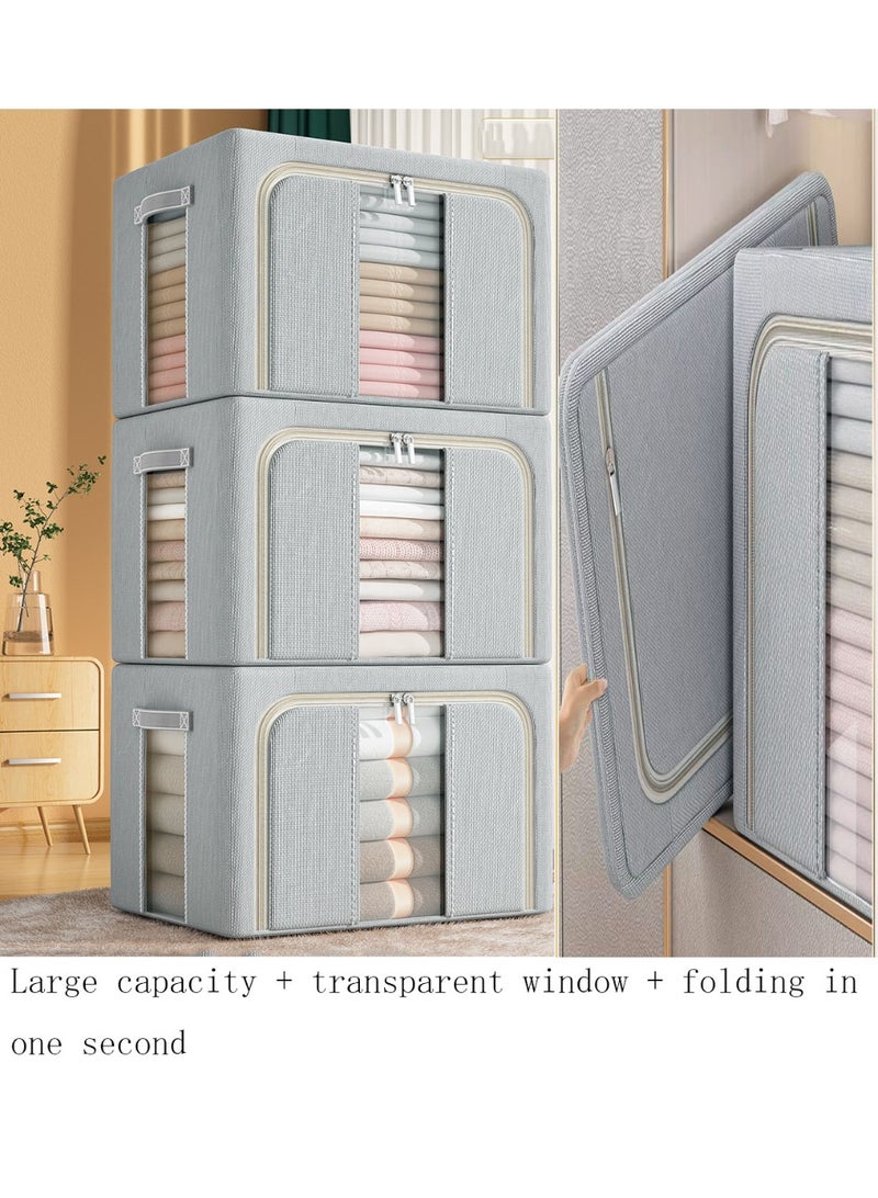 NIBEMINENT 3-Piece large storage bags clothes storage box  Wardrobe Clothes Organizer with Steel Frame & 2 Windows Waterproof Oxford ，Foldable Closet Organizer for Travel/Home, Dustproof (50x40x33cm) - Image 1