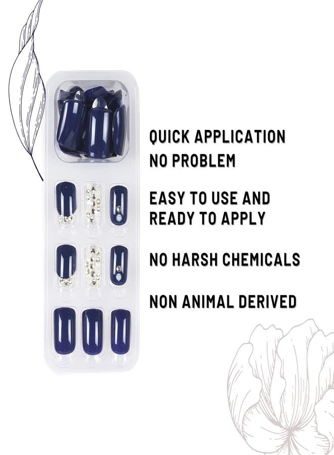 ليك أظافر ليك - أظافر لاصقة قابلة لإعادة الاستخدام، 30 قطعة، أظافر صناعية مع مجموعة أدوات التركيب، فضي لامع وأزرق داكن (عبوة من 30 قطعة) - Image 2