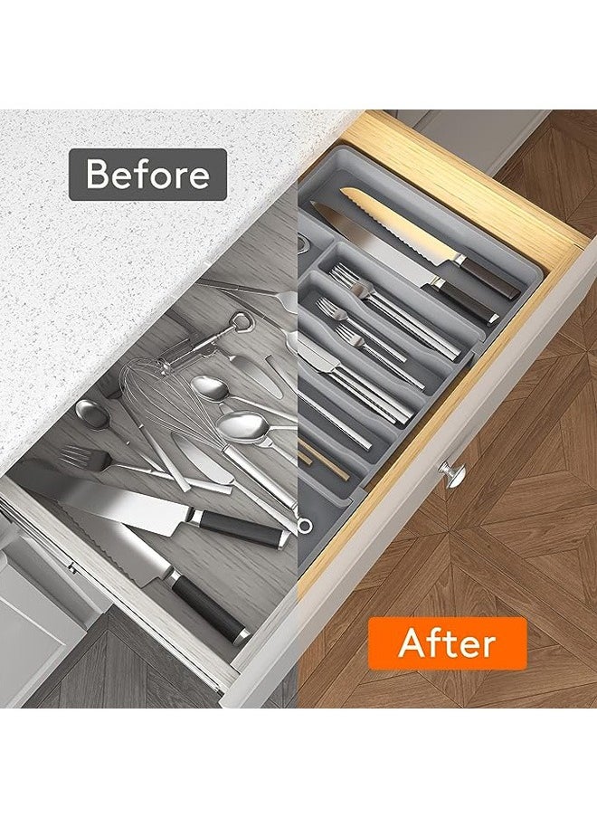 Generic - Utensil Organizer for Kitchen Drawers, Expandable Cooking Utensil Tray, Adjustable Cutlery Silverware Flatware Holder, Plastic Kitchen Spatula Tools and Gadgets Storage Divider, Large, Grey - Image 1