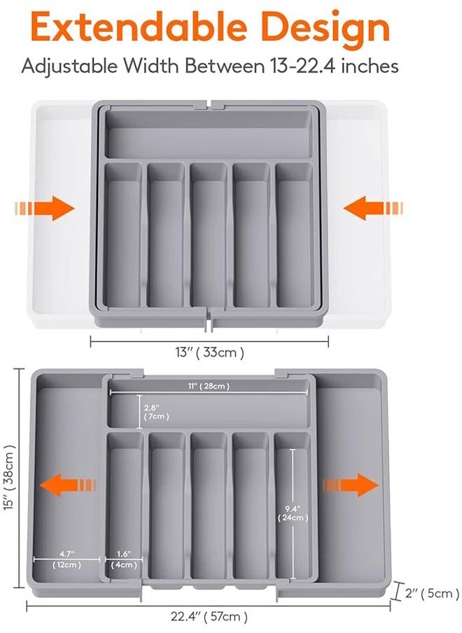 Generic - Utensil Organizer for Kitchen Drawers, Expandable Cooking Utensil Tray, Adjustable Cutlery Silverware Flatware Holder, Plastic Kitchen Spatula Tools and Gadgets Storage Divider, Large, Grey - Image 1