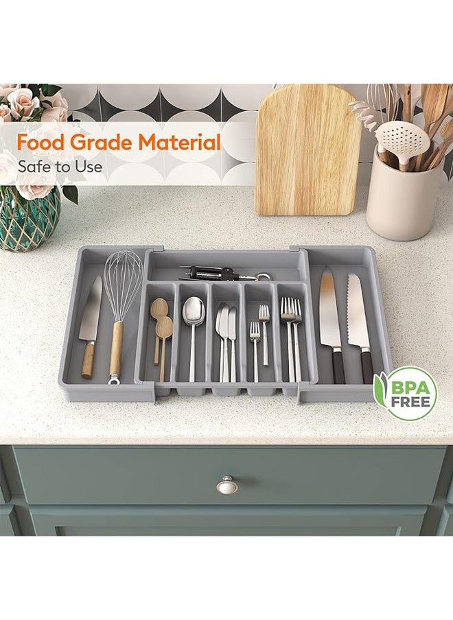 Generic - Utensil Organizer for Kitchen Drawers, Expandable Cooking Utensil Tray, Adjustable Cutlery Silverware Flatware Holder, Plastic Kitchen Spatula Tools and Gadgets Storage Divider, Large, Grey - Image 1