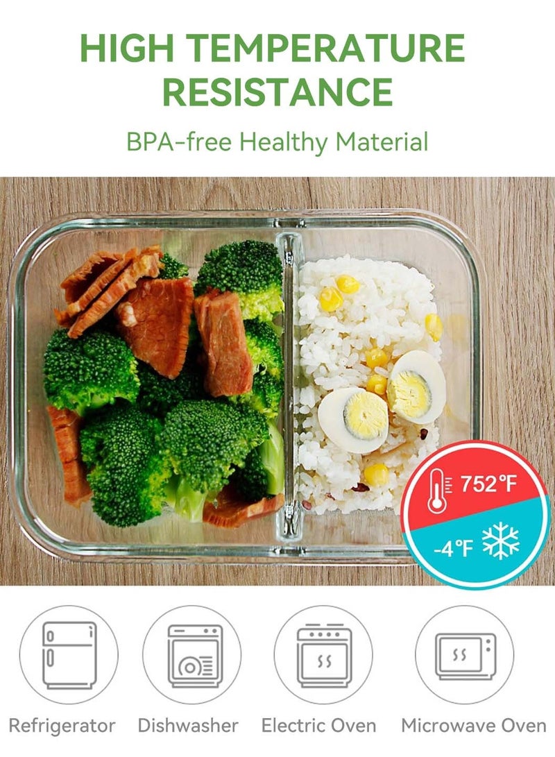 3 Pack Glass Food Storage Containers 2 Compartments Glass Meal Prep Containers with Lids Lunch Containers for Adult Food Prep Container with Dividers Reusable Lunch Bento Box