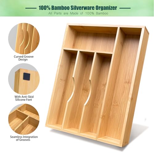 guiogc Bamboo Silverware Drawer Organizer, Silverware Organizer, Silverware Utensil Tray Holder and Cutlery Tray for Flatware and Kitchen Utensils - Image 3