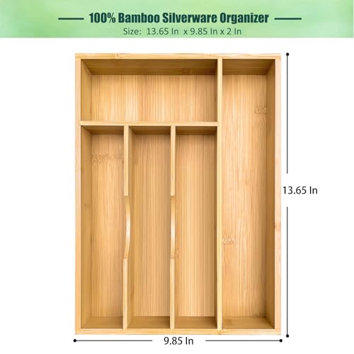 guiogc Bamboo Silverware Drawer Organizer, Silverware Organizer, Silverware Utensil Tray Holder and Cutlery Tray for Flatware and Kitchen Utensils - Image 2