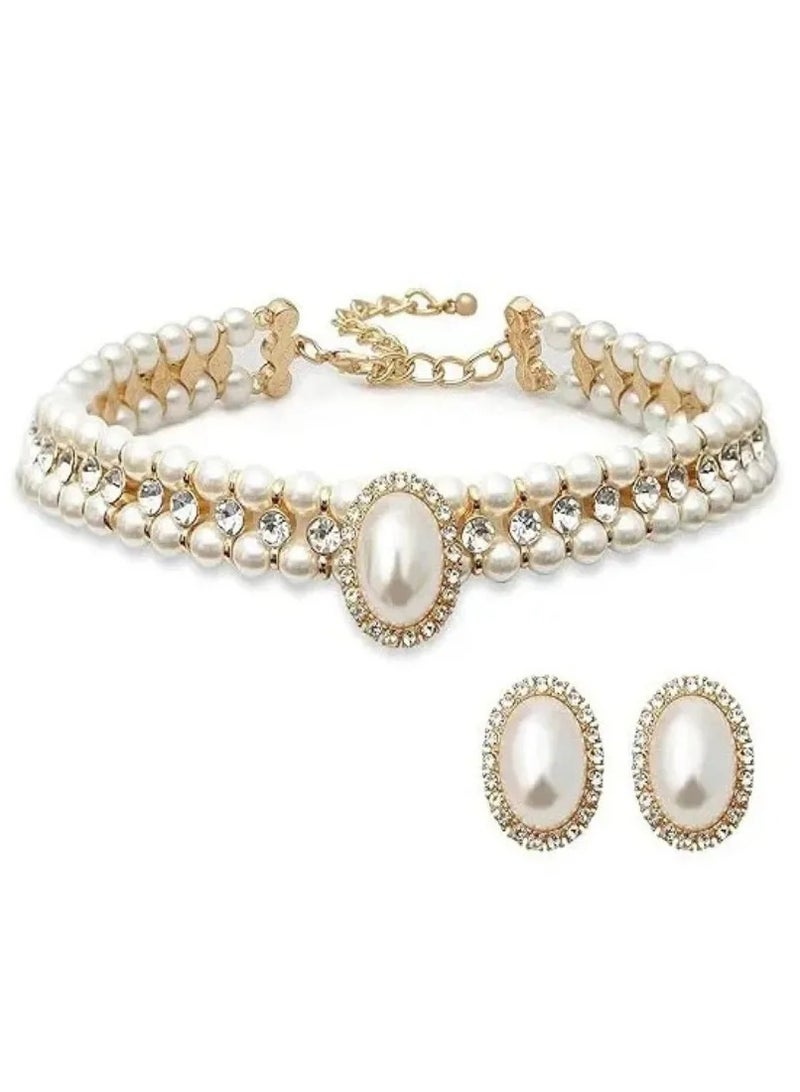 Oval Pearl Necklace And Earrings Set, Retro And Elegant, Versatile Clavicle Chain Accessories - Image 1