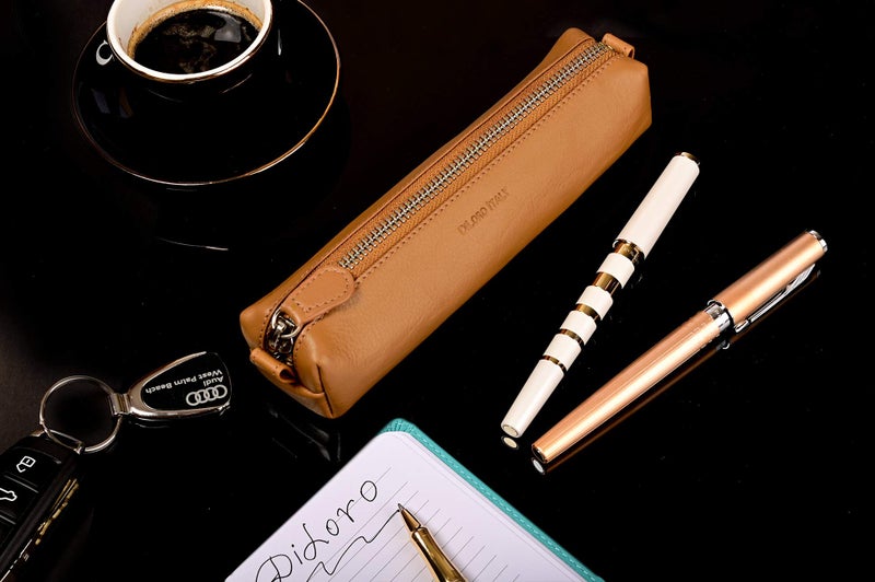 DiLoro Leather Zippered Fountain Ballpoint Rollerball Pens and Pencils Case Holder Pouch Genuine Full Grain Soft Nappa Leather (Tan) - Image 5