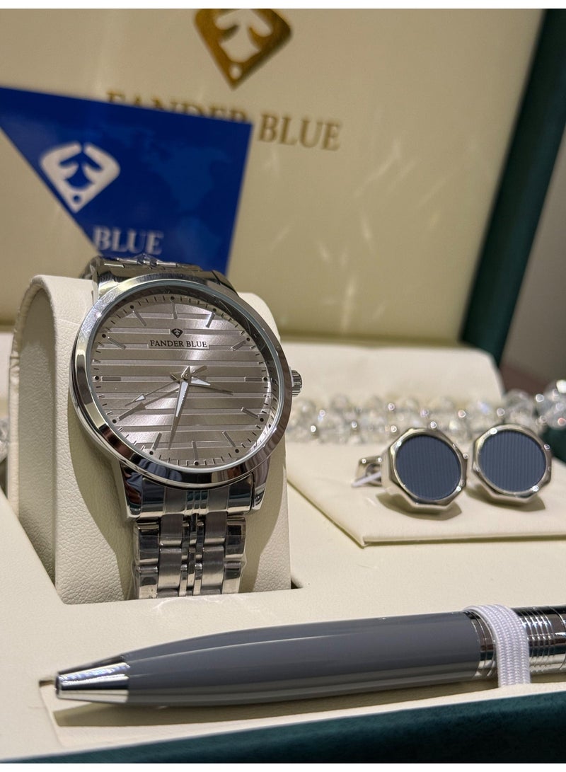 FANDER BLUE "FANDER BLUE" Grey Silver Set – Men's Watch with Pen and Rosary - Image 1