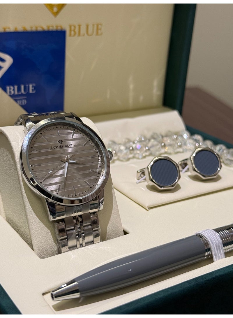 FANDER BLUE "FANDER BLUE" Grey Silver Set – Men's Watch with Pen and Rosary - Image 3