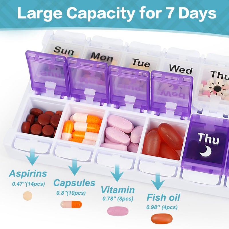 Shintop Am Pm Pill Organizer 7 Day, Push Button Weekly Pill Box 2 Times Removable Lid Medication Case Easy Fill Day Night Vitamin Container for Fish Oil Supplements (Purple & White) - Image 5