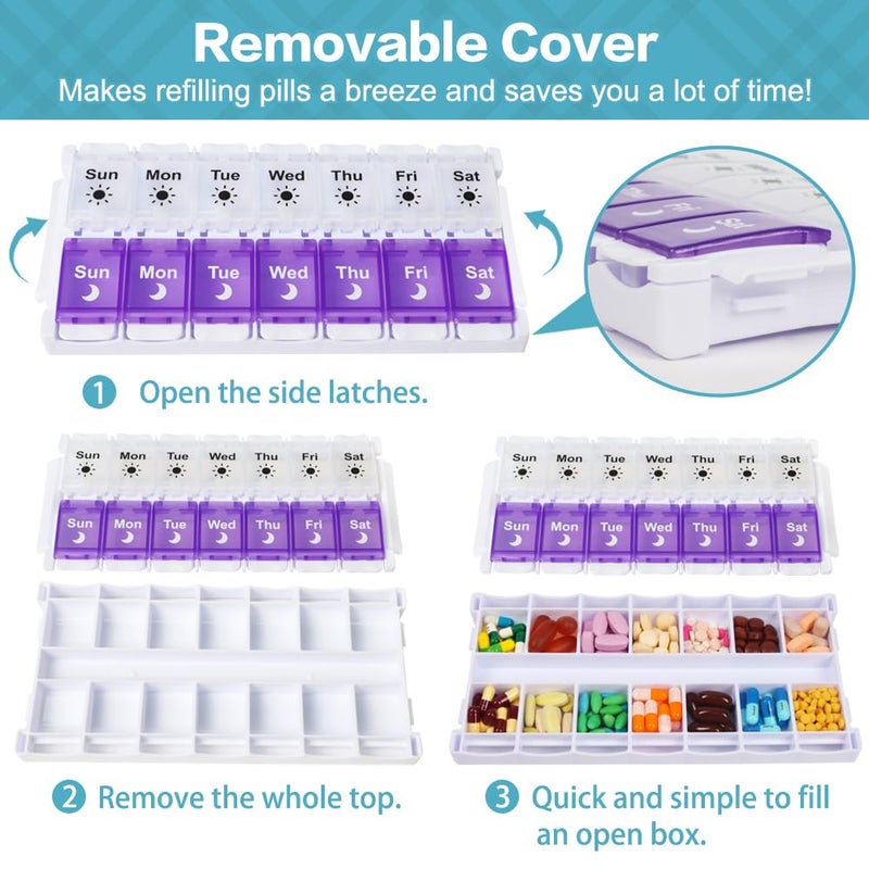 Shintop Am Pm Pill Organizer 7 Day, Push Button Weekly Pill Box 2 Times Removable Lid Medication Case Easy Fill Day Night Vitamin Container for Fish Oil Supplements (Purple & White) - Image 3