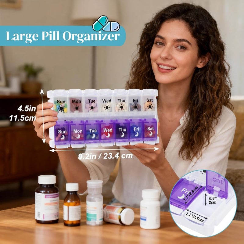 Shintop Am Pm Pill Organizer 7 Day, Push Button Weekly Pill Box 2 Times Removable Lid Medication Case Easy Fill Day Night Vitamin Container for Fish Oil Supplements (Purple & White) - Image 2