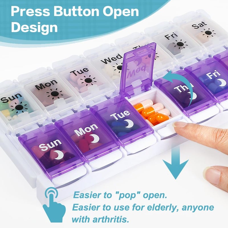Shintop Am Pm Pill Organizer 7 Day, Push Button Weekly Pill Box 2 Times Removable Lid Medication Case Easy Fill Day Night Vitamin Container for Fish Oil Supplements (Purple & White) - Image 4