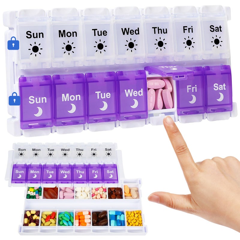 Shintop Am Pm Pill Organizer 7 Day, Push Button Weekly Pill Box 2 Times Removable Lid Medication Case Easy Fill Day Night Vitamin Container for Fish Oil Supplements (Purple & White) - Image 1