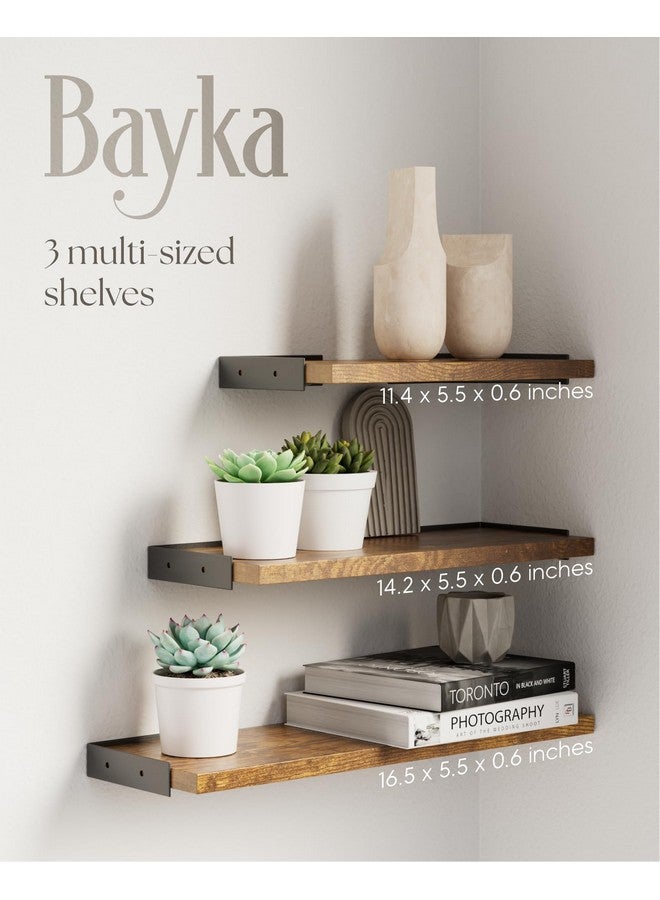 BAYKA Wall Shelves for Bedroom Decor, Floating Wall Shelves for Living Room Kitchen Storage, Wall Mounted Rustic Wood Floating Shelves for Kids Books,Corner Shelves for Bathroom(Set of 3) - Image 1
