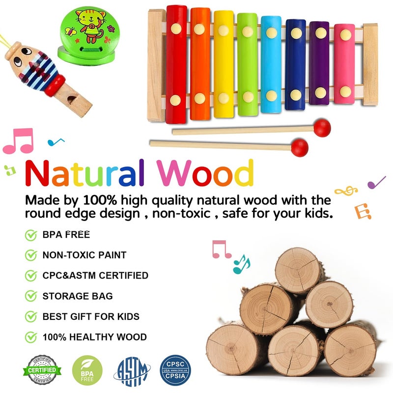 INLAIER Kids Musical Instruments Set, 20 Pcs Toddler Wooden Percussion Instruments for Baby Children with Tambourine Xylophone Maracas, Preschool Musical Toys Set for Boys and Girls with Carrying Bag - Image 3