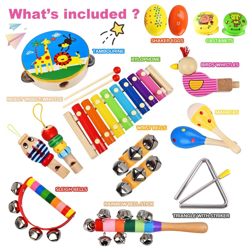 INLAIER Kids Musical Instruments Set, 20 Pcs Toddler Wooden Percussion Instruments for Baby Children with Tambourine Xylophone Maracas, Preschool Musical Toys Set for Boys and Girls with Carrying Bag - Image 4