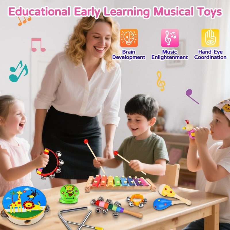 INLAIER Kids Musical Instruments Set, 20 Pcs Toddler Wooden Percussion Instruments for Baby Children with Tambourine Xylophone Maracas, Preschool Musical Toys Set for Boys and Girls with Carrying Bag - Image 5