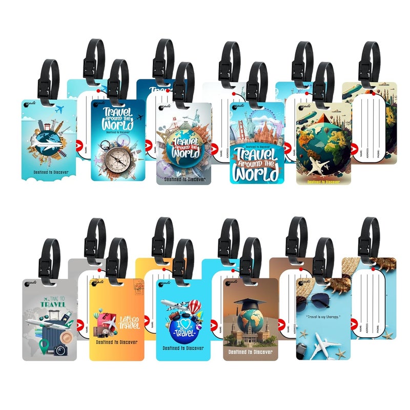 Kidultz (Set of 10) Synthetic Luggage Tags with Black Strap Loop | Durable, Waterproof, Anti-Break Travel ID Tags for Suitcases, Backpacks, School & Office Bags (Set 9) - Image 2