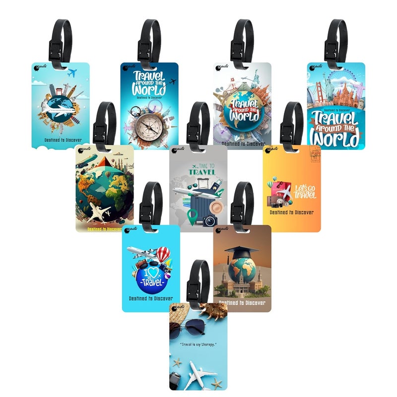 Kidultz (Set of 10) Synthetic Luggage Tags with Black Strap Loop | Durable, Waterproof, Anti-Break Travel ID Tags for Suitcases, Backpacks, School & Office Bags (Set 9) - Image 1