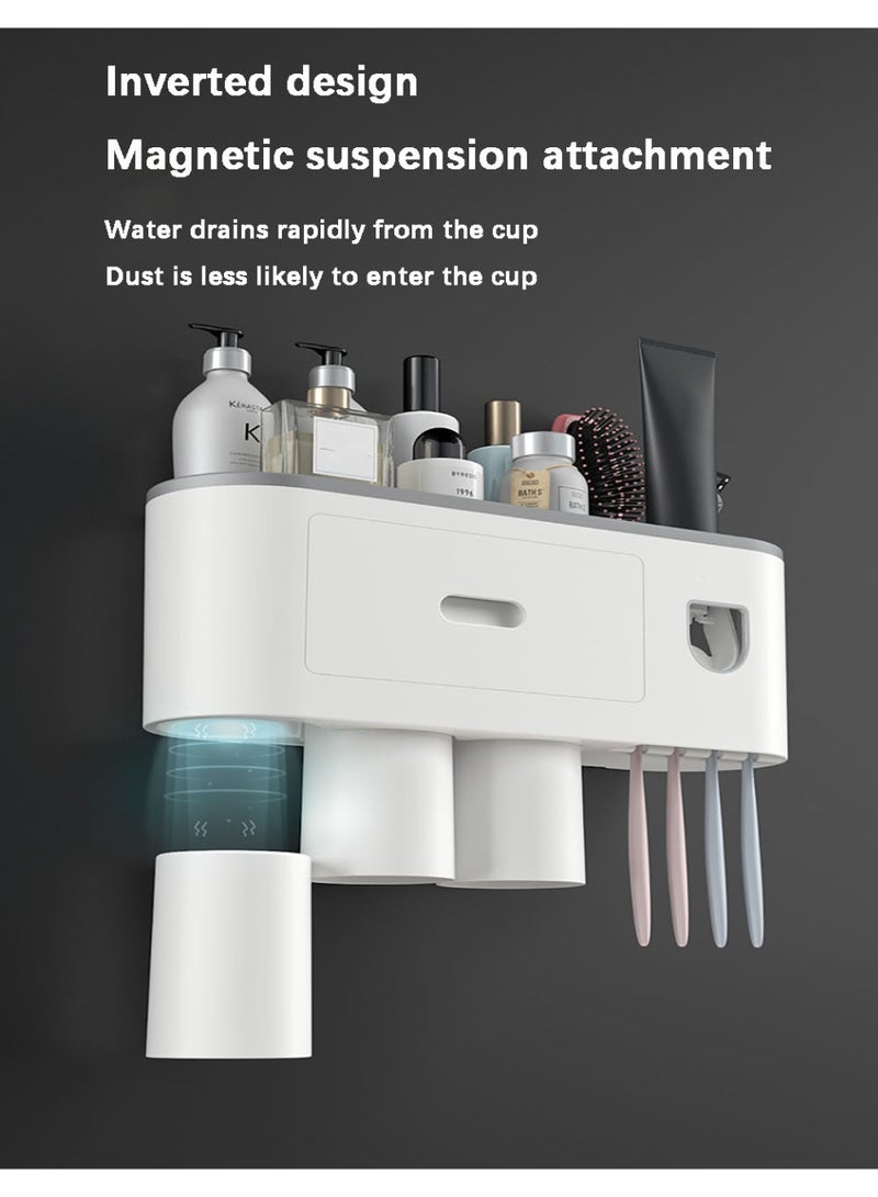 Flushrenic Toothbrush holder, drill-free wall-mounted toothbrush holder with automatic toothpaste dispenser. Bathroom storage rack features: 4 brush head hooks, 3 magnetic cups, 1 cosmetic drawer organiser and ample storage space (includes 1 dispenser, 3 cups). White. - Image 3